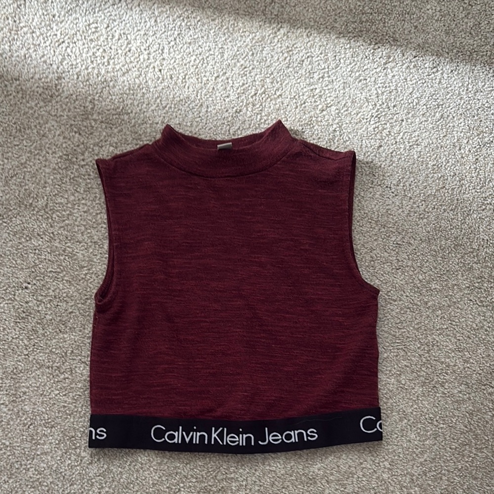 Calvin Klein Black Red Tank Top with Crop Fitted Style and Mandarin Collar